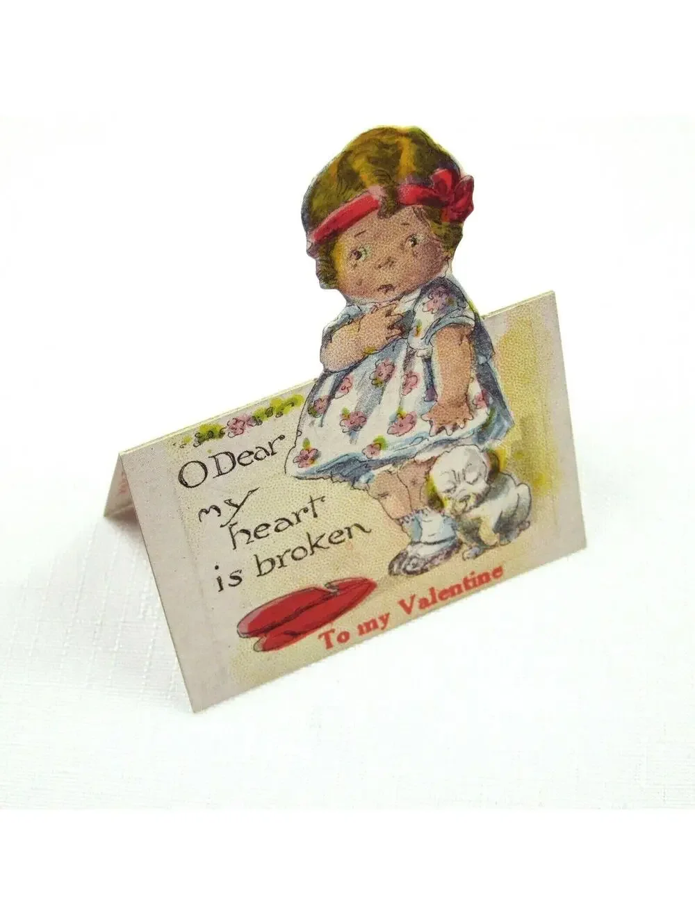 Vintage Valentine Cutout Card Stand Up Girl Crying Puppy Dog 1920s-30s UNSIGNED